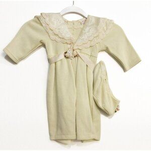 L'E Girl Ivory Polycotton Overall Bodysuit Fleece Lace Collar Button 18-24M NWOT